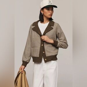 By Anthropologie Green Plaid Blazer Button Front Collared Wool Blend Size Small